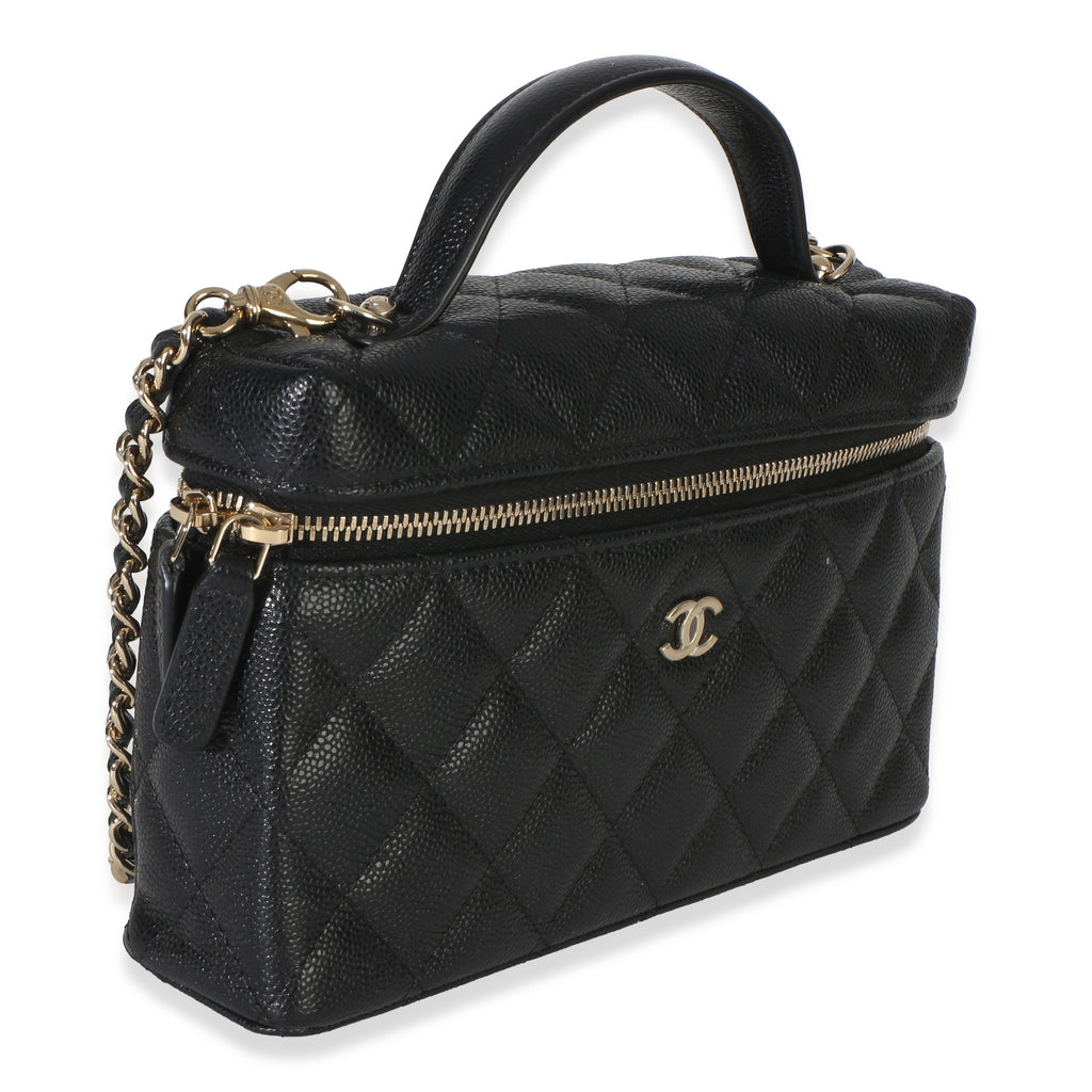 Chanel Black Quilted Caviar Top Handle Slim Vanity Handbag With Chain
