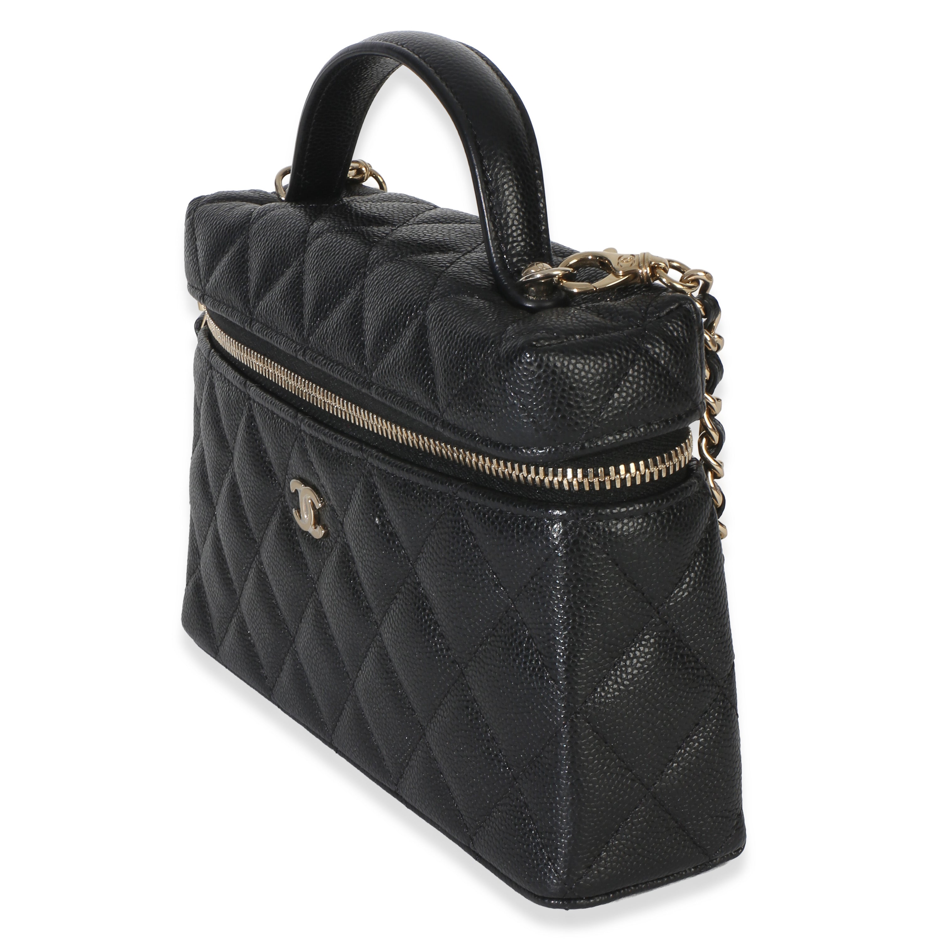 Chanel Black Quilted Caviar Top Handle Slim Vanity Handbag With Chain
