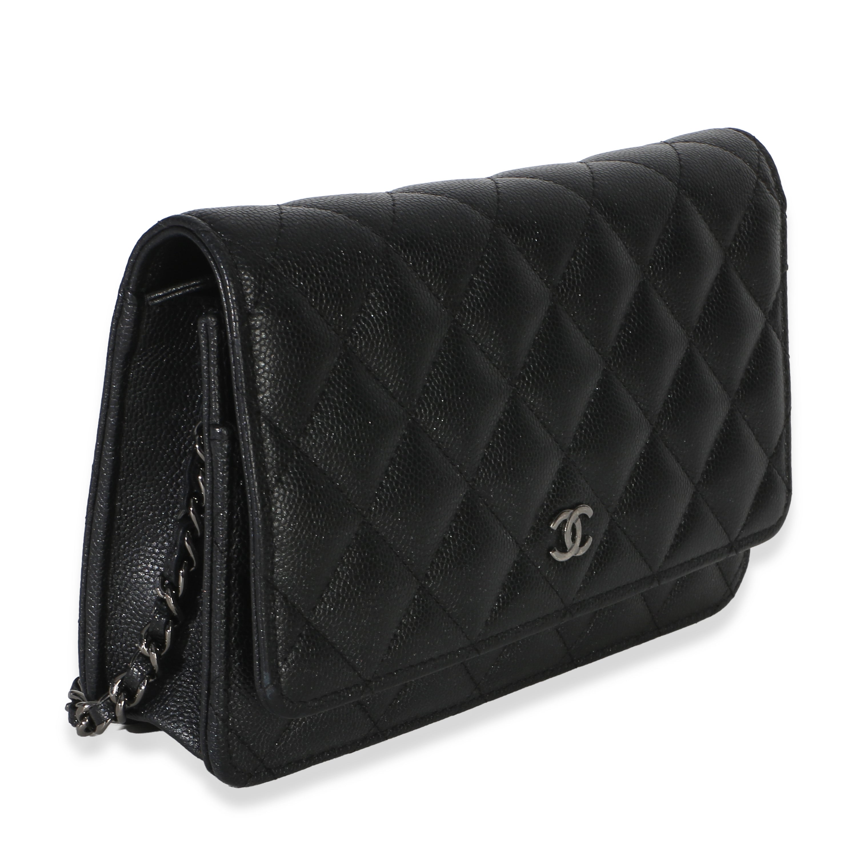Chanel Black Iridescent Quilted Caviar Classic Wallet On Chain