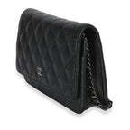 Chanel Black Iridescent Quilted Caviar Classic Wallet On Chain