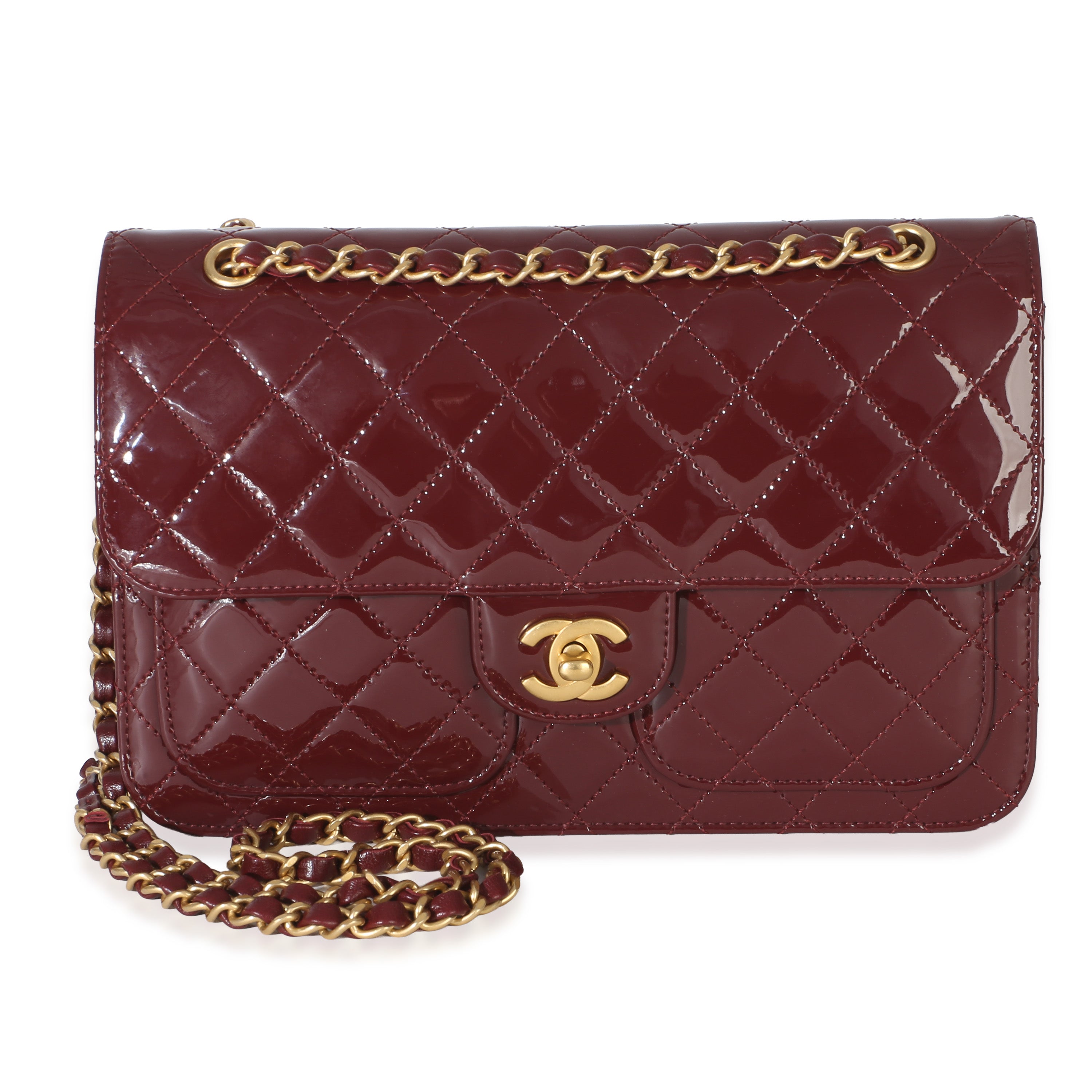Chanel 25B Burgundy Quilted Patent Double Pocket Flap Bag
