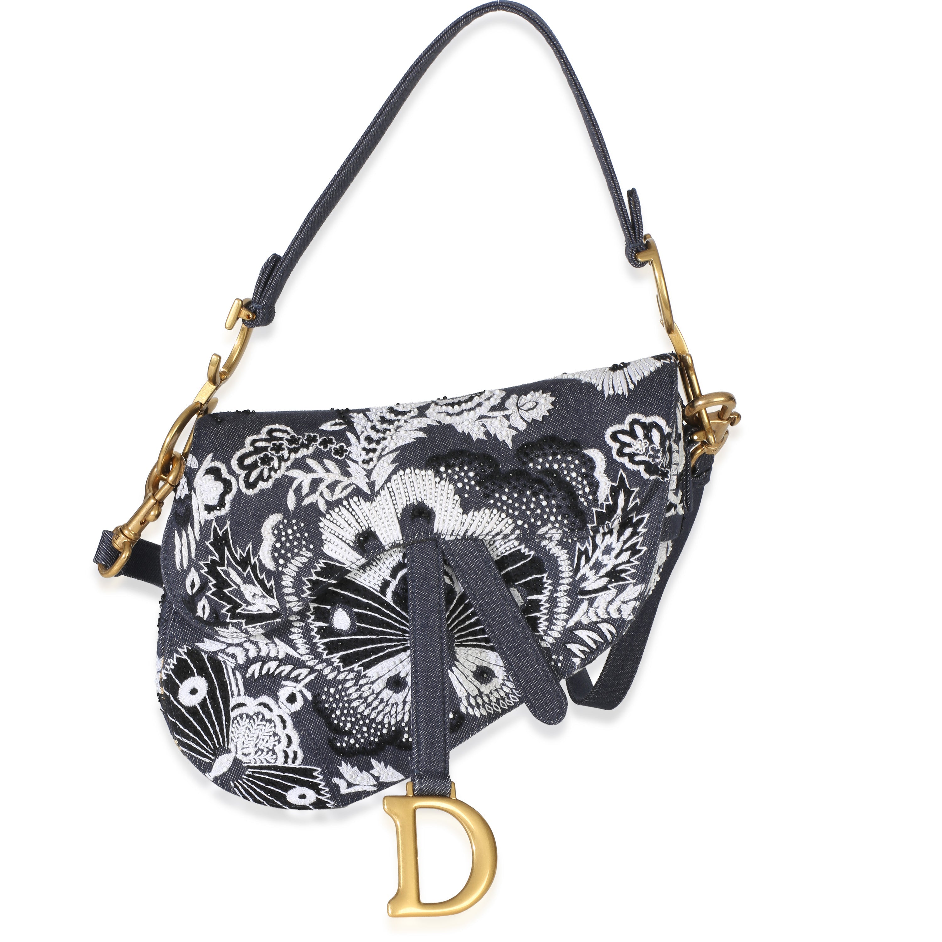 Christian Dior Blue Denim Beaded Butterfly Medium Saddle Bag