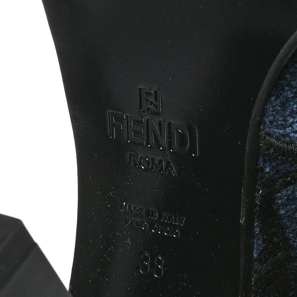 Fendi Chenille Jacquard FF 110mm Knee Boots 38 Black Blue