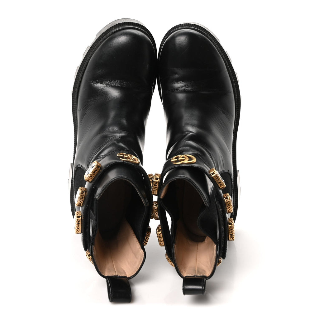Gucci Calfskin Crystal GG Trip Chelsea Ankle Boots 38 Black