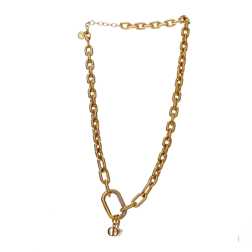 Christian Dior Crystal Pearl CD Chain Necklace Gold