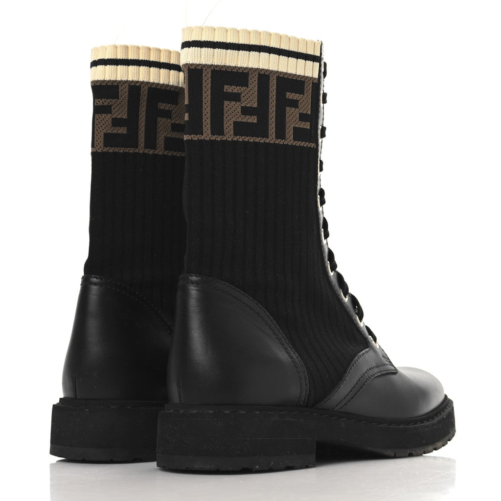 Fendi Calfskin Stretch Fabric Rockoko Biker Boots 36.5 Tobacco Black Marino