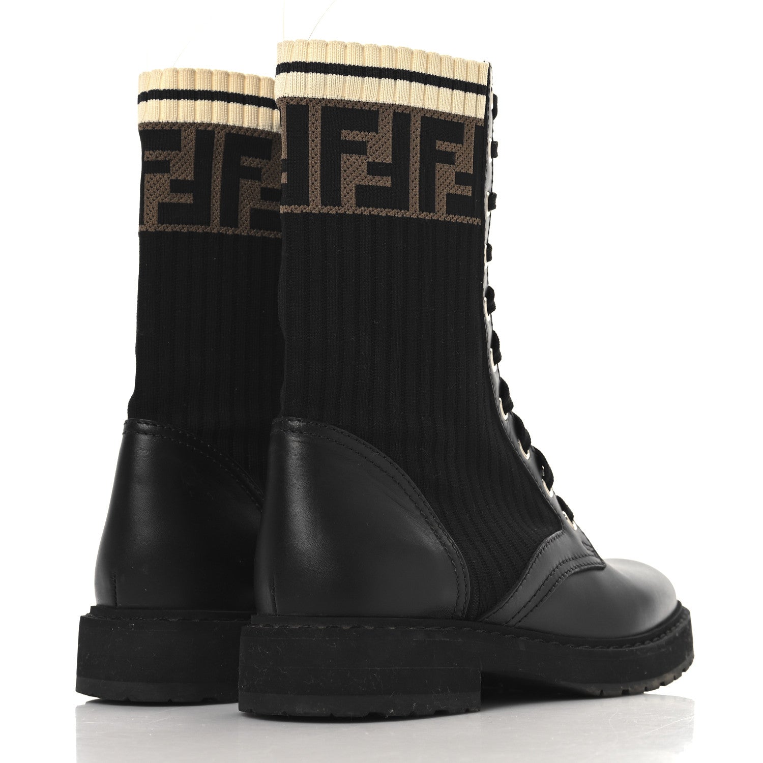 Fendi Calfskin Stretch Fabric Rockoko Biker Boots 36.5 Tobacco Black Marino