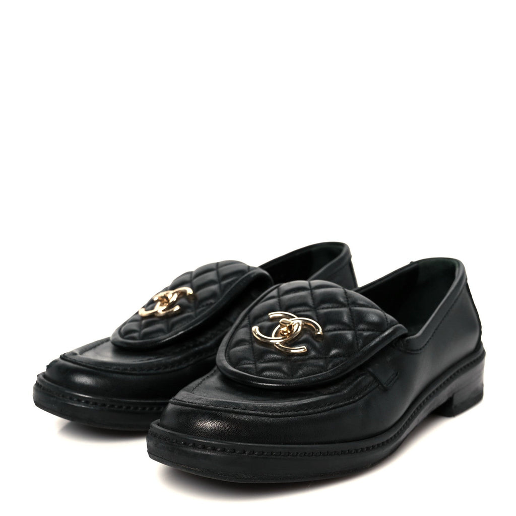 Chanel Lambskin Quilted CC Turnlock Loafers 37 Black