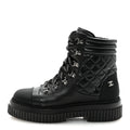 Chanel Calfskin Grosgrain Quilted Lace Up Boots 38.5 Black Grey