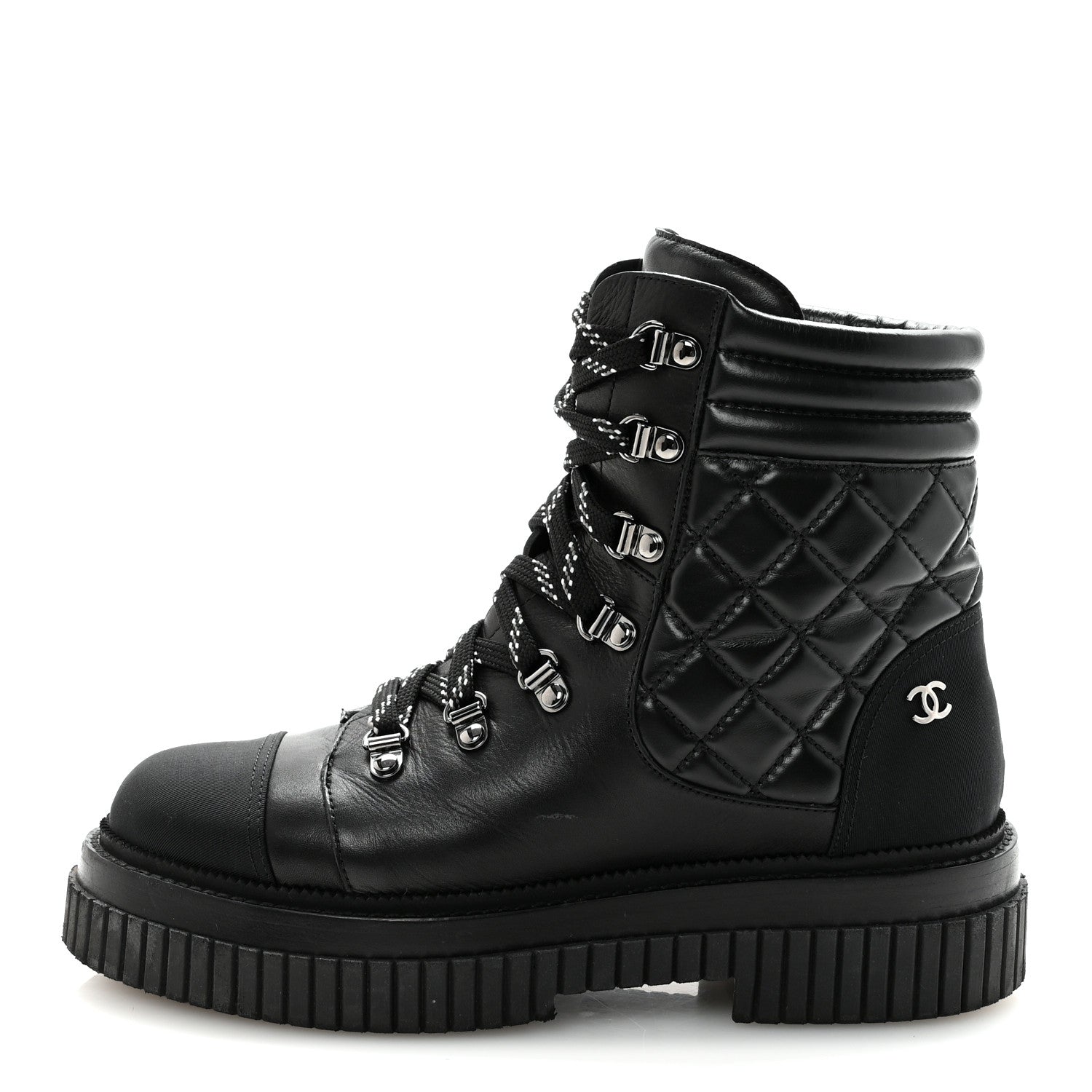 Chanel Calfskin Grosgrain Quilted Lace Up Boots 38.5 Black Grey
