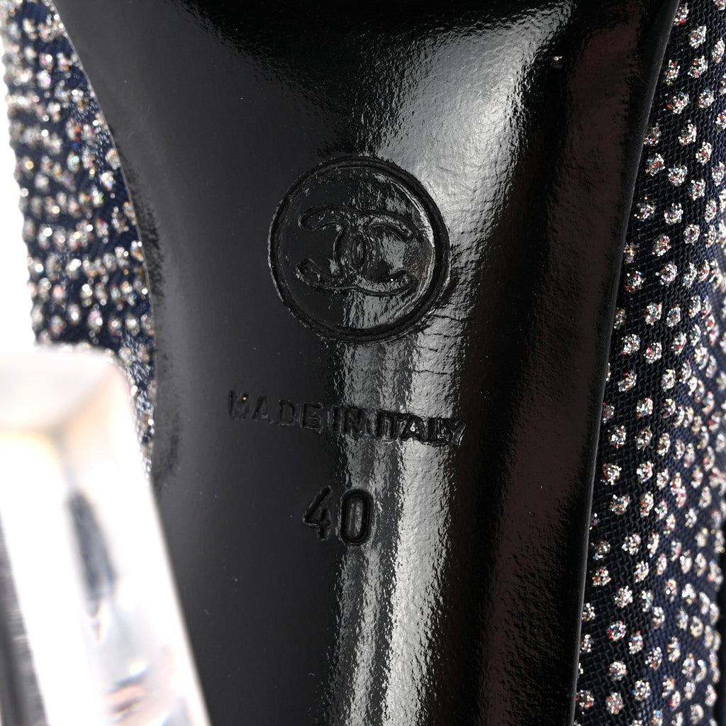Chanel Mesh Crystal Open Toe Ankle Boots 40 Navy
