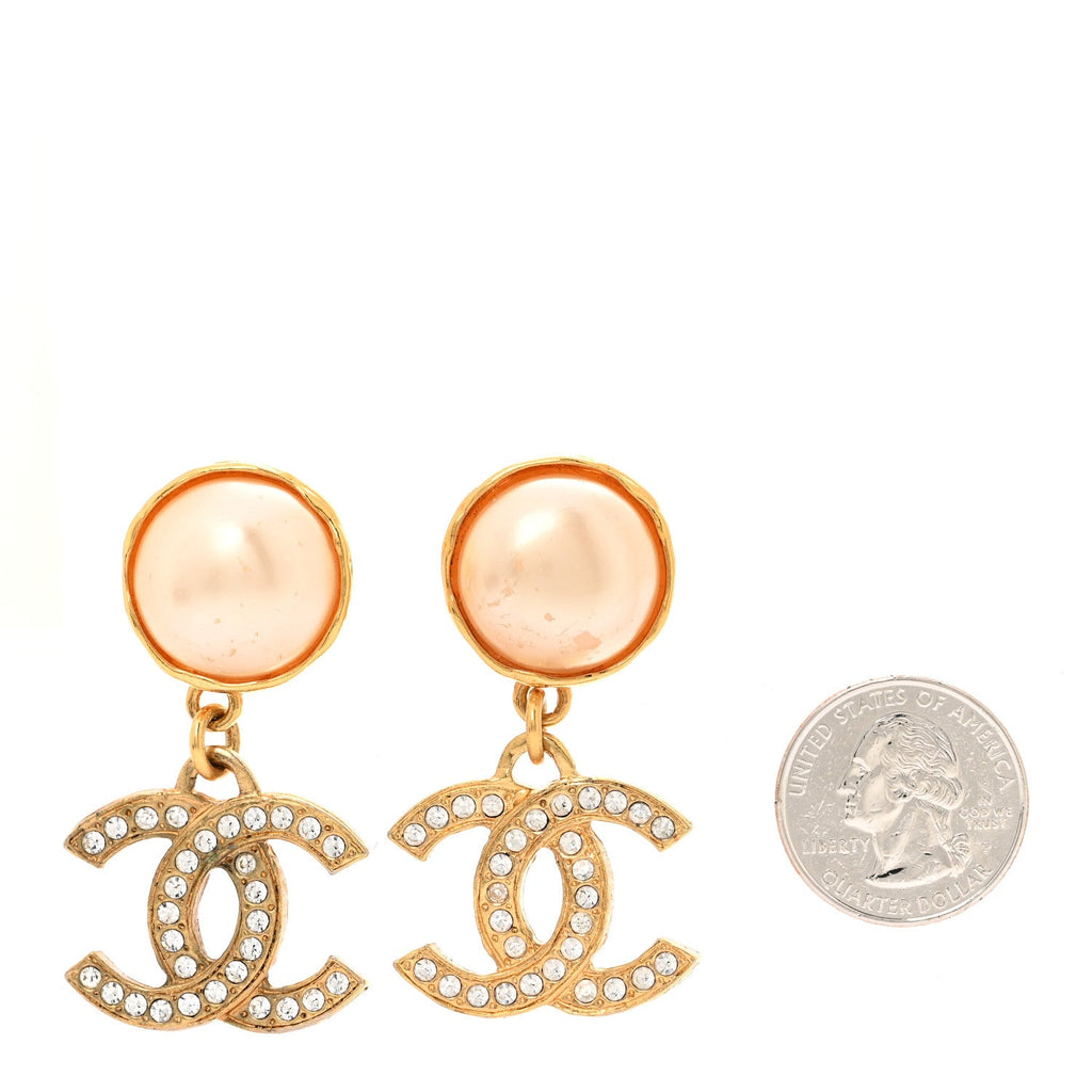 Chanel Pearl Crystal CC Drop Clip On Earrings Gold