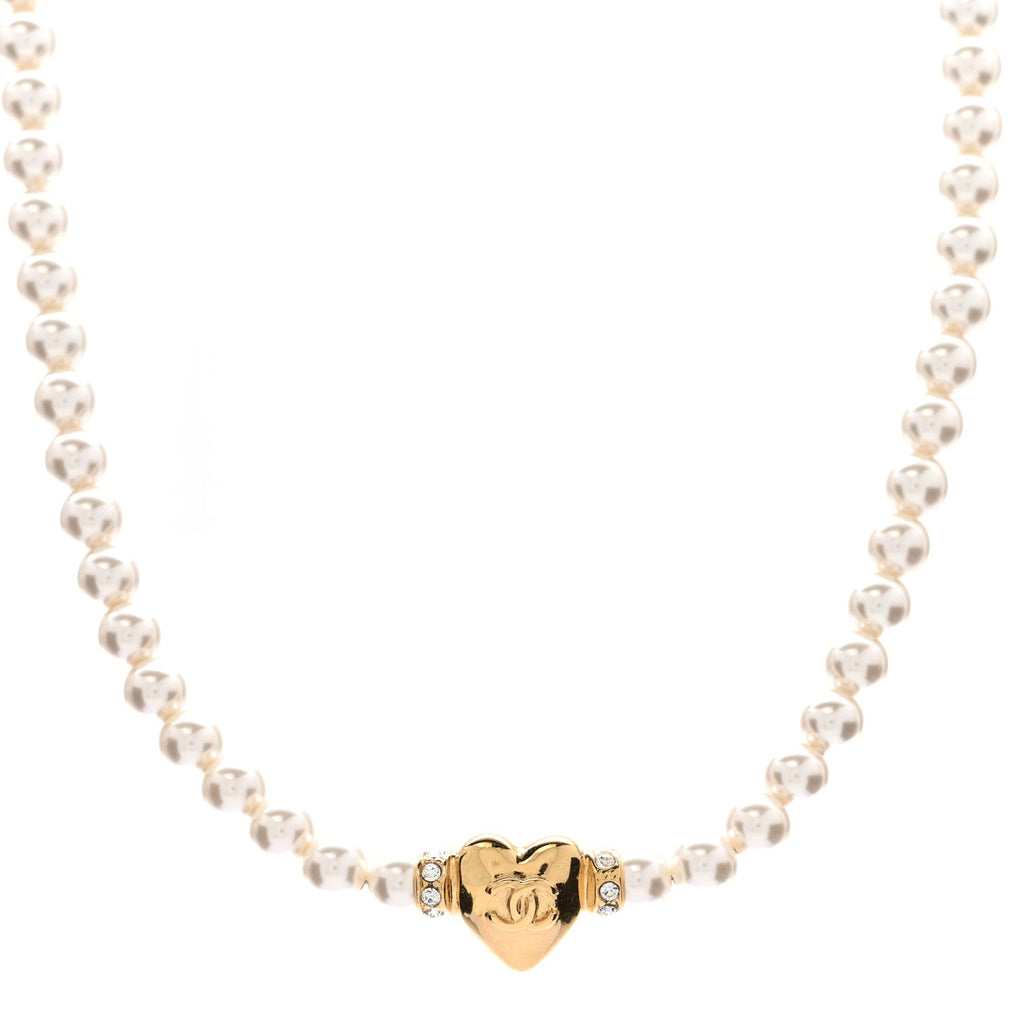 Chanel Crystal Pearl CC Heart Choker Necklace Gold