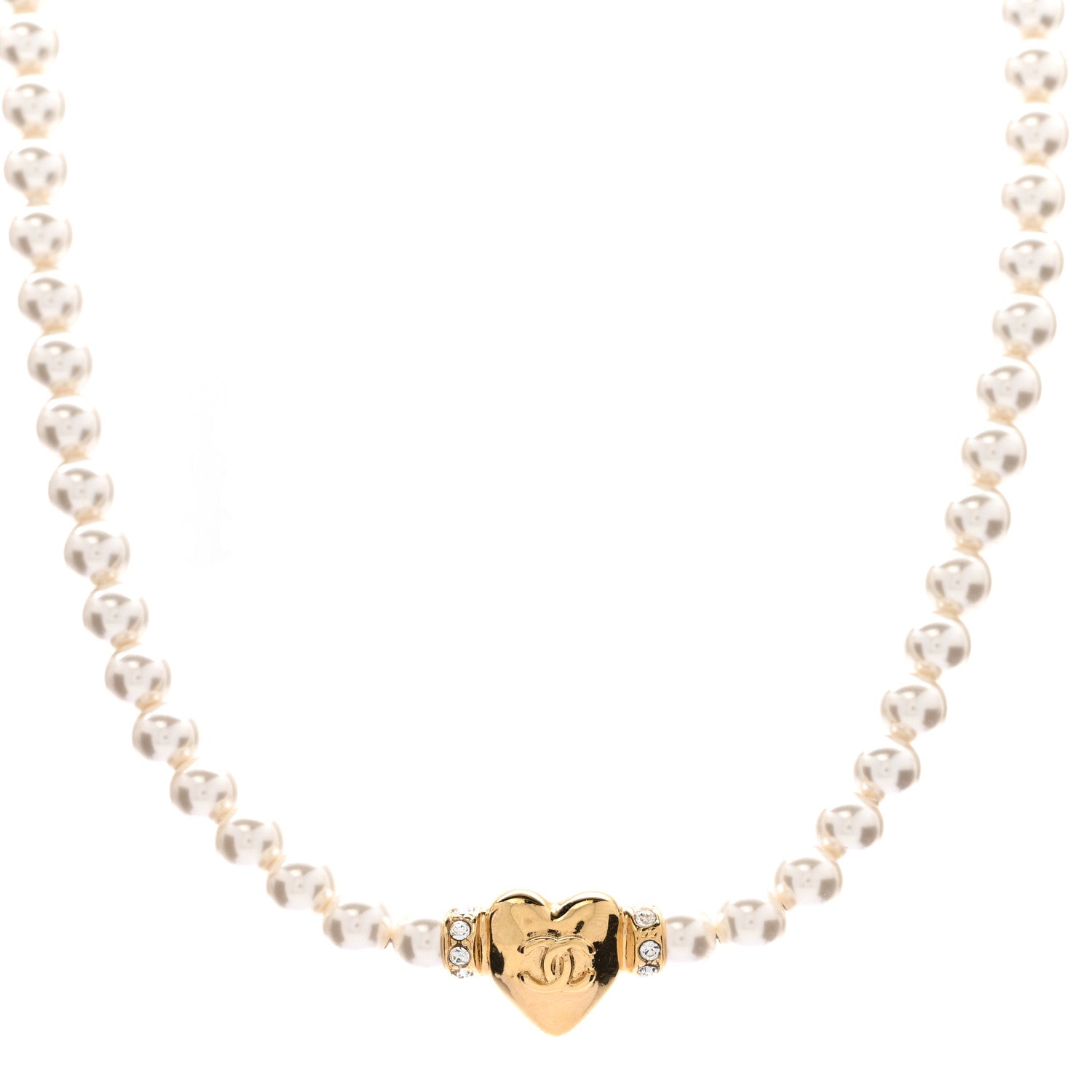 Chanel Crystal Pearl CC Heart Choker Necklace Gold