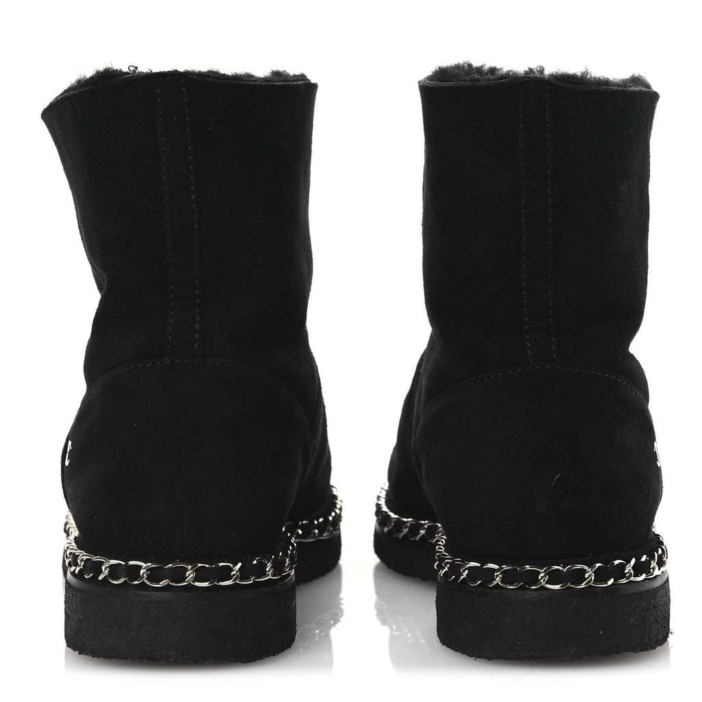 Chanel Kid Suede Shearling Womens Cap Toe Chain Short Boots 38 Black
