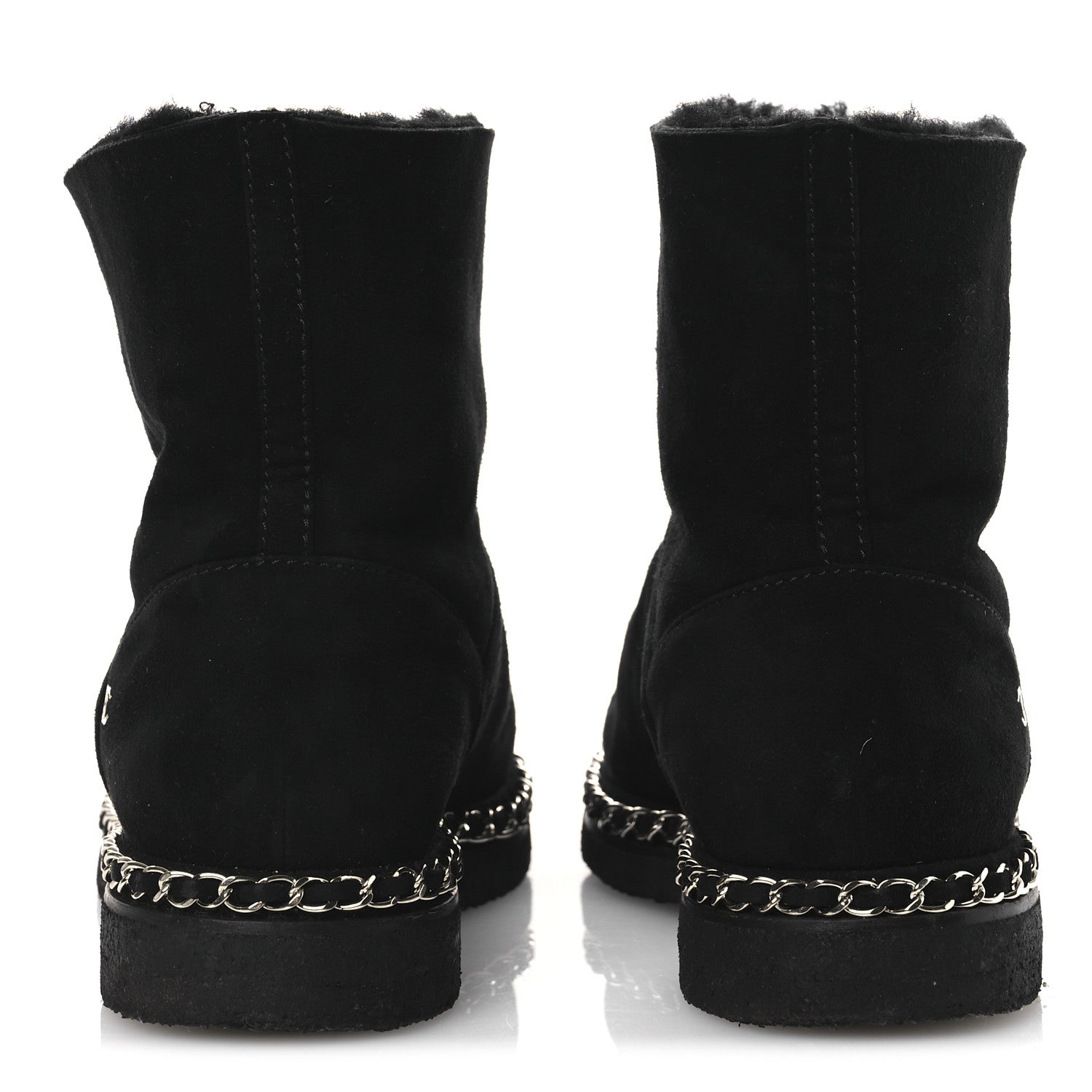 Chanel Kid Suede Shearling Womens Cap Toe Chain Short Boots 38 Black