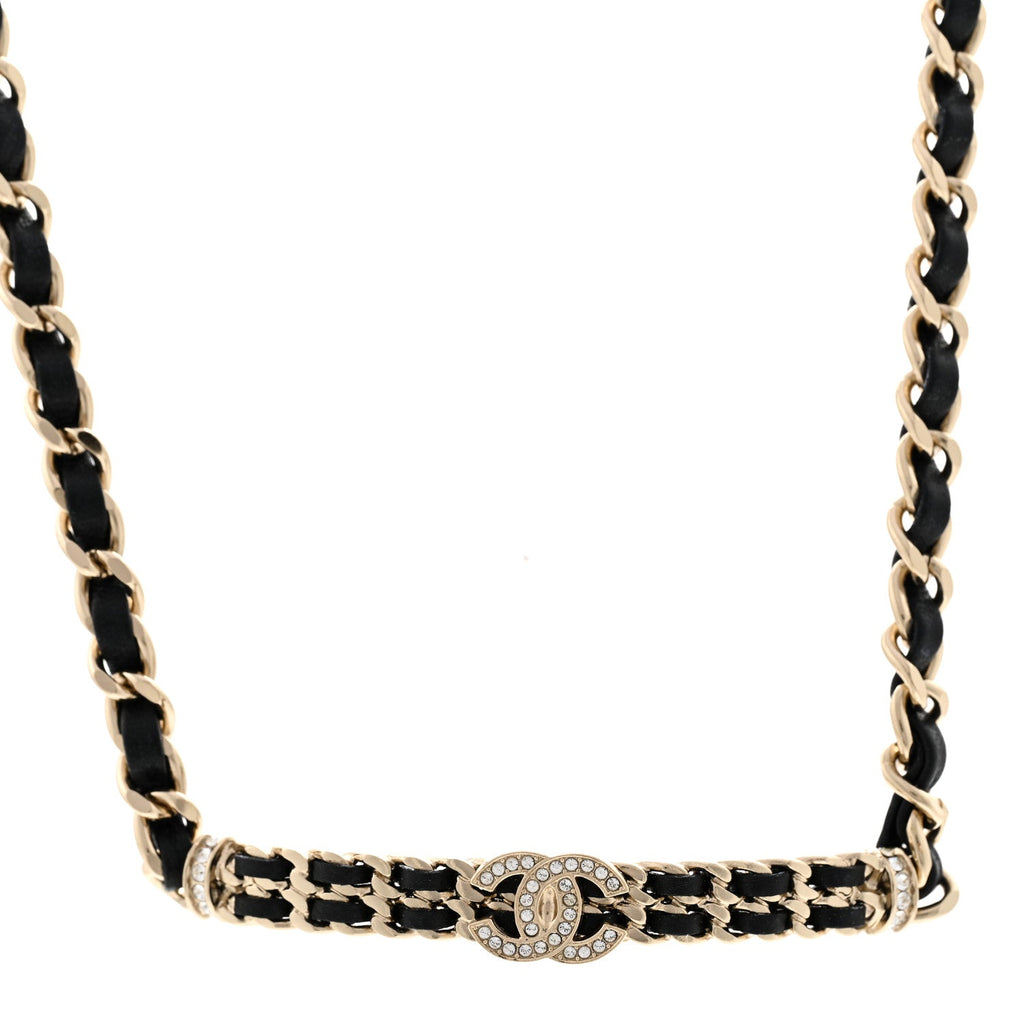 Chanel Metal Lambskin Crystal CC Choker Necklace Black Gold