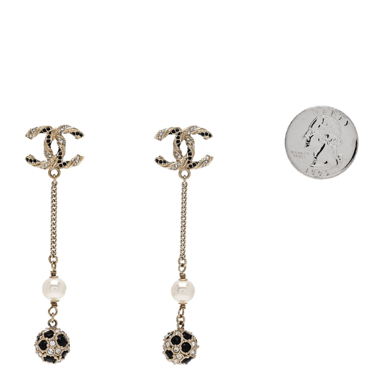 Chanel Crystal Pearl CC Ball Chain Drop Earrings Gold Black