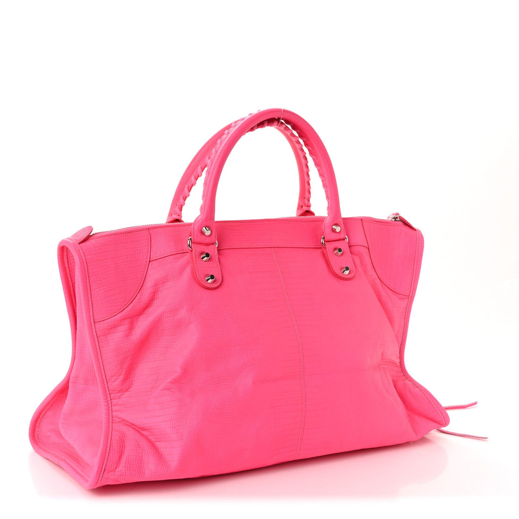 Balenciaga Calfskin Lizard Embossed Silver Hardware Work Rose Fluo