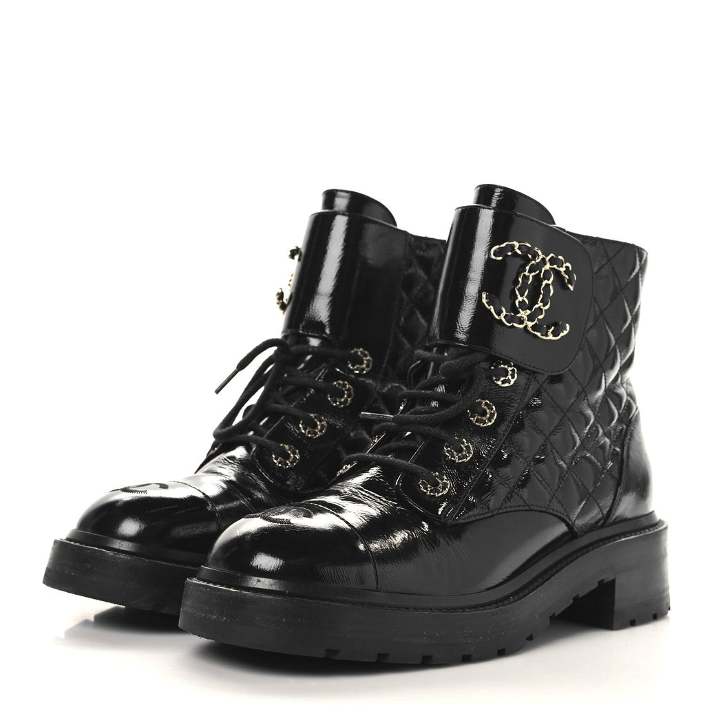 Chanel Shiny Calfskin Quilted Lace Up Combat Boots 39 Black