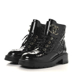 Chanel Shiny Calfskin Quilted Lace Up Combat Boots 39 Black