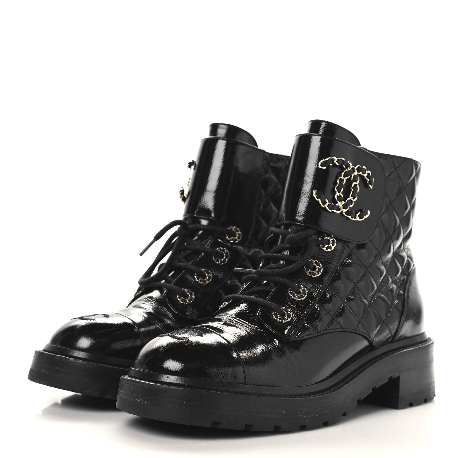 Chanel Shiny Calfskin Quilted Lace Up Combat Boots 39 Black
