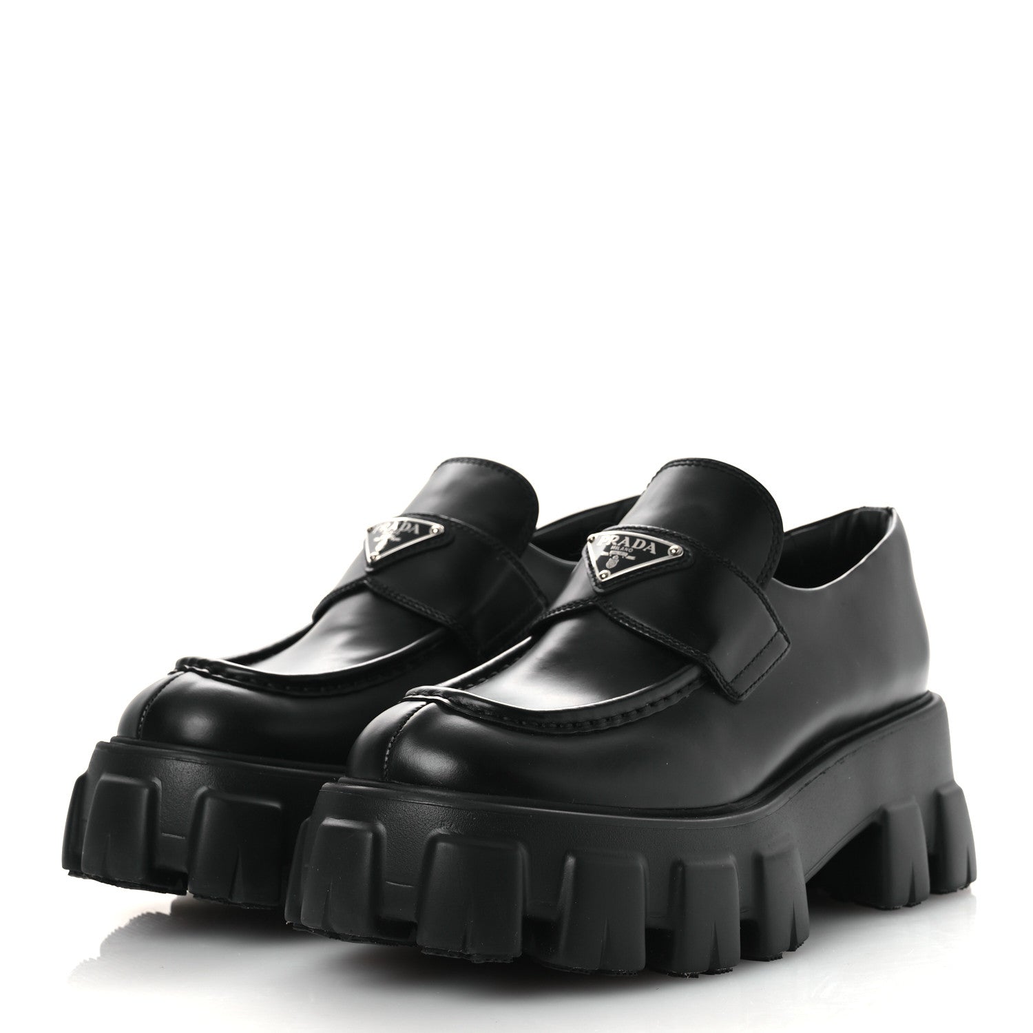 Prada Spazzolato Rois Metal Triangle Logo Monolith 55mm Loafers 39 Black