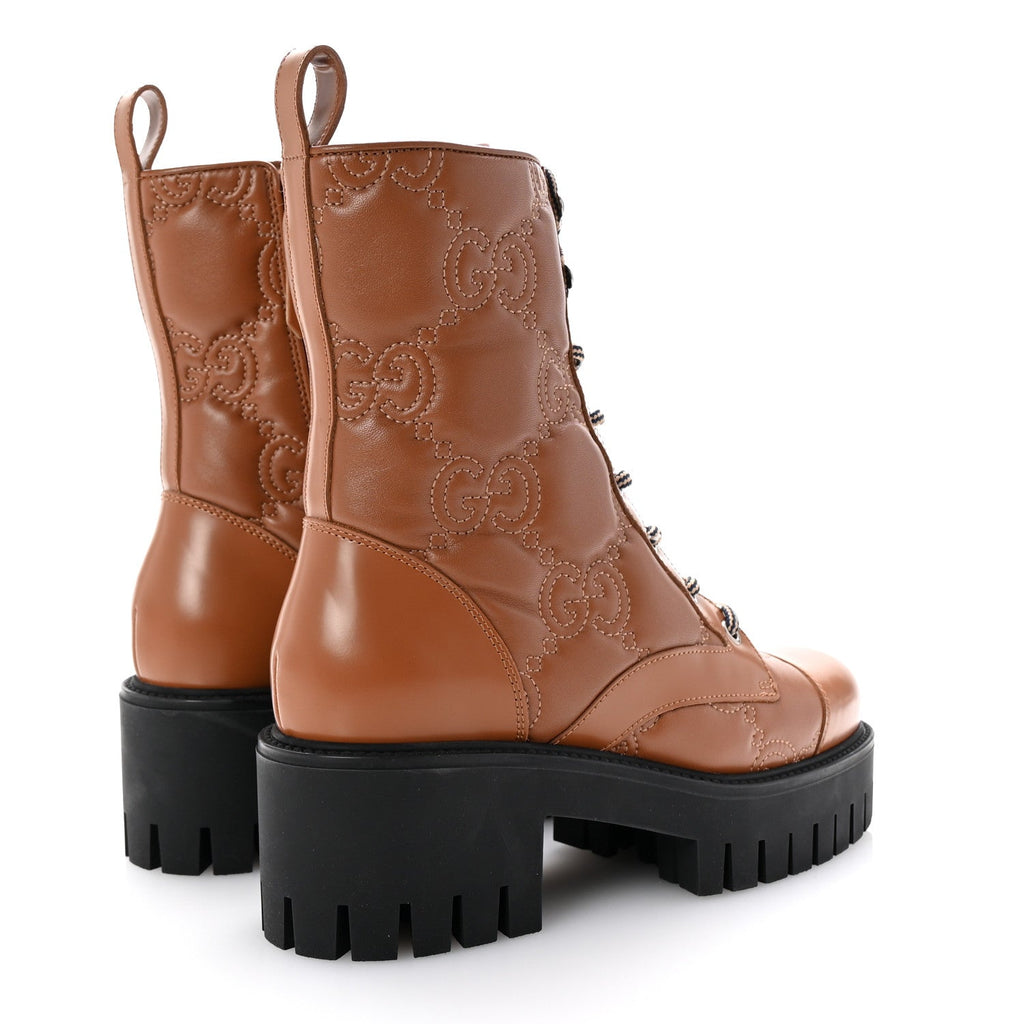 Gucci Cordovan Lux Nappa GG Matelasse Lace Up 60mm Combat Boots 36 Dark Hazel Brown