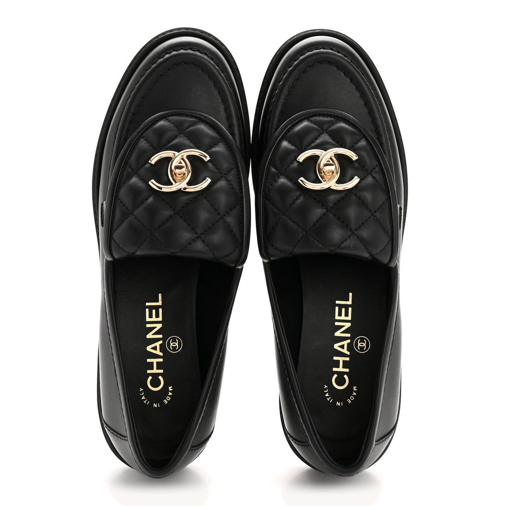 Chanel Lambskin Quilted CC Turnlock Loafers 37.5 Black