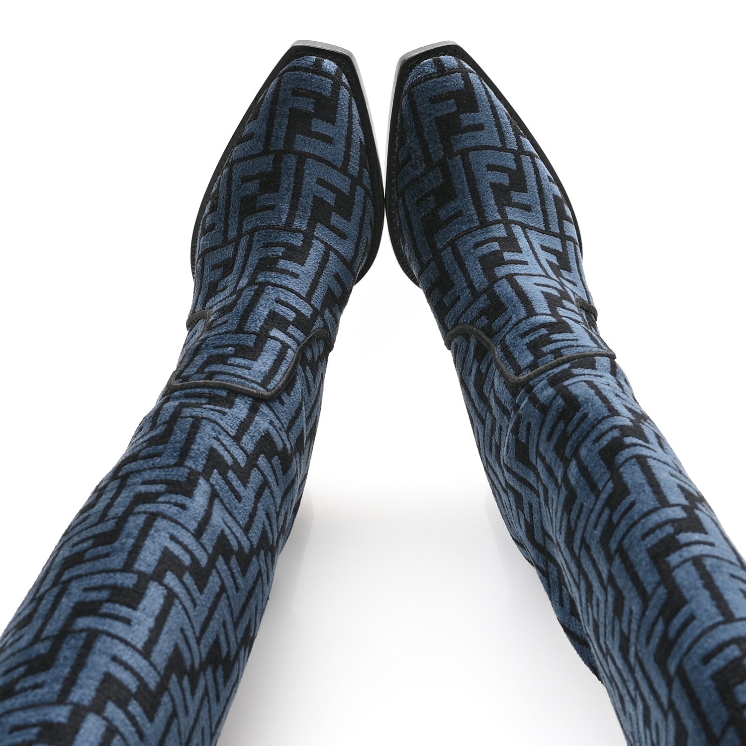 Fendi Chenille Jacquard FF 110mm Knee Boots 38 Black Blue