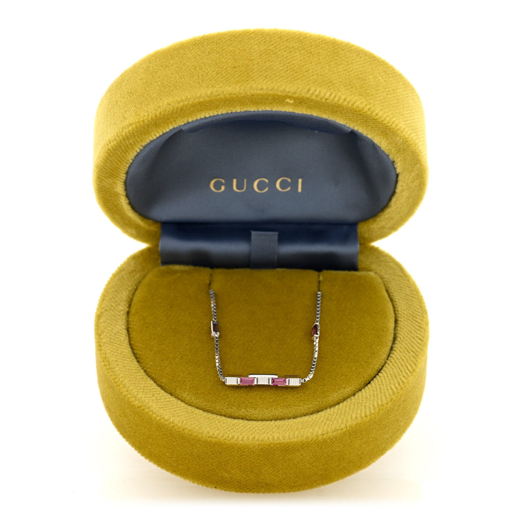 Gucci 18K White Gold Pink Tourmaline Link to Love Bar Necklace