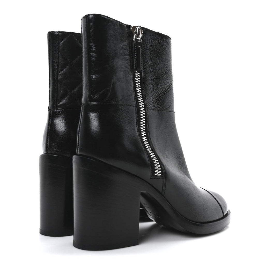 Chanel Calfskin Patent Quilted Cap Toe CC Boots 37 Black