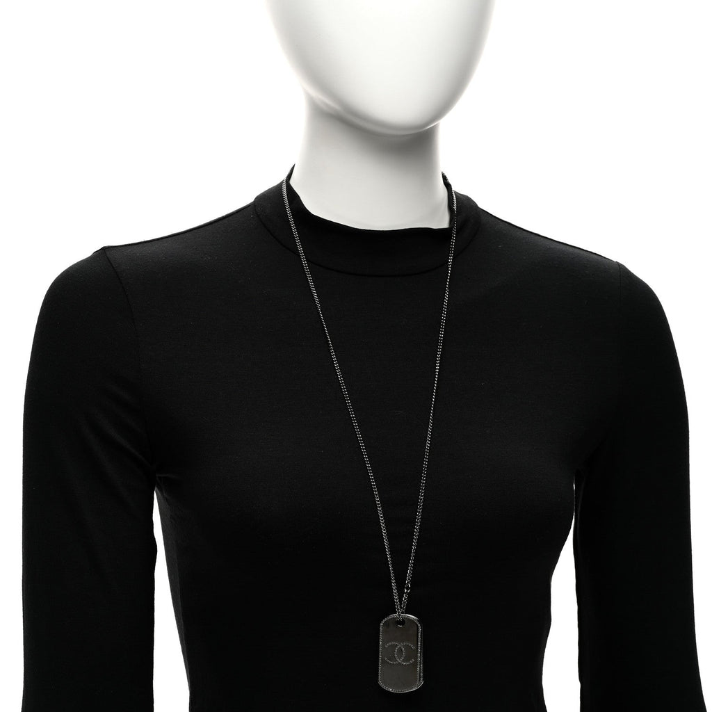Chanel Metal Crystal Ruthenium Dog Tag Charm Necklace Black