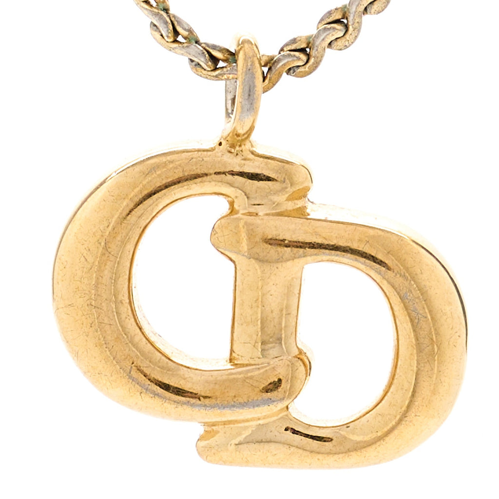 Christian Dior Metal Crystal CD Logo Pendant Necklace Gold