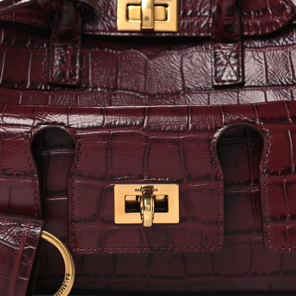Balenciaga Calfskin Crocodile Embossed Mini Bel Air Carry All Bag Dark Burgundy