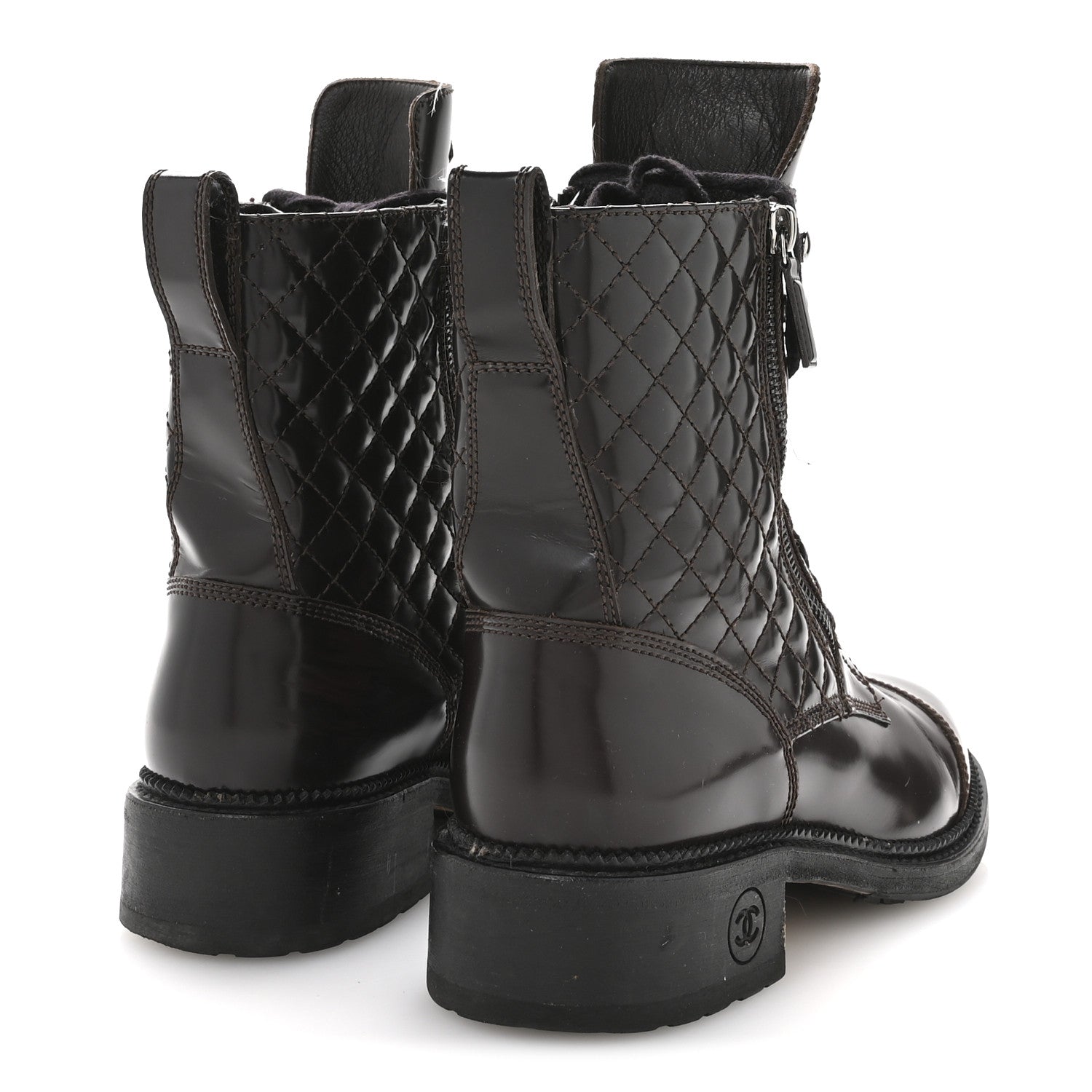 Chanel Shiny Calfskin Quilted CC Lace Up Combat Boots 37.5 Dark Burgundy