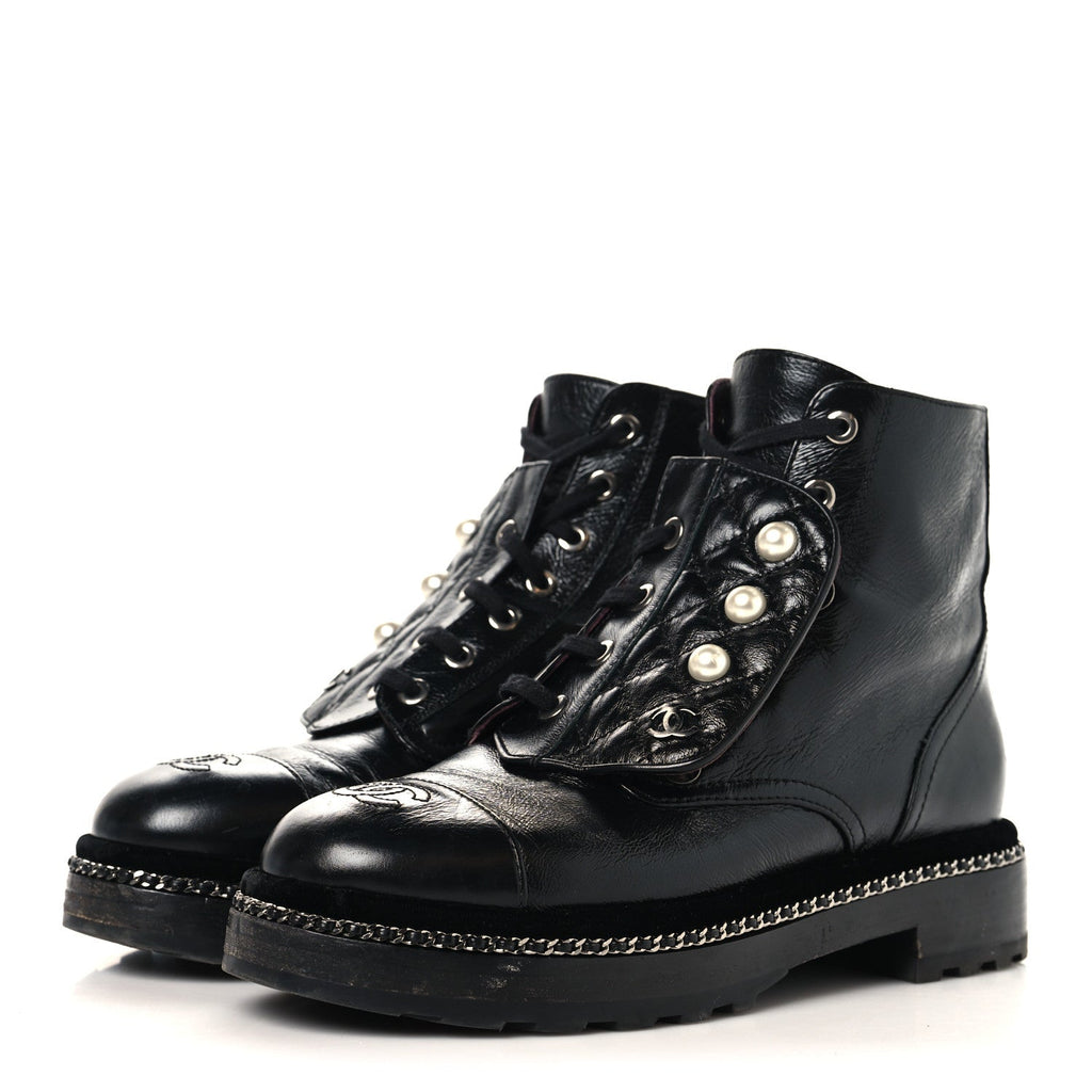 Chanel Crackled Calfskin Velvet Pearl Combat Short Boots 37.5 Black