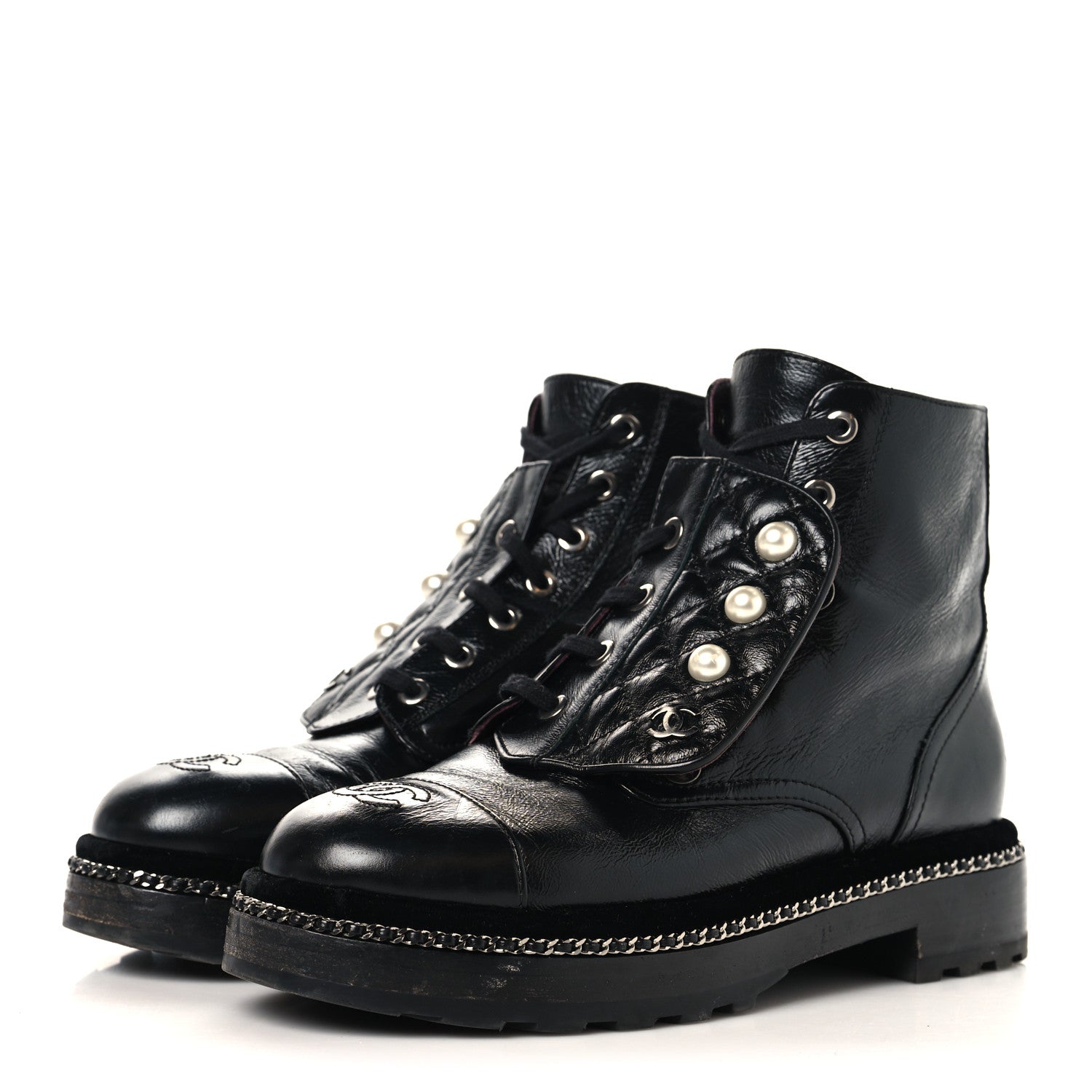 Chanel Crackled Calfskin Velvet Pearl Combat Short Boots 37.5 Black