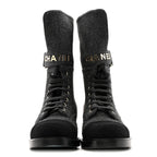Chanel Tweed Lace Up Combat Boots 37.5 Dark Grey Black
