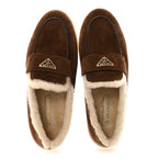 Prada Suede Shearling Triangle Logo Loafer 38.5 Cocoa Brown