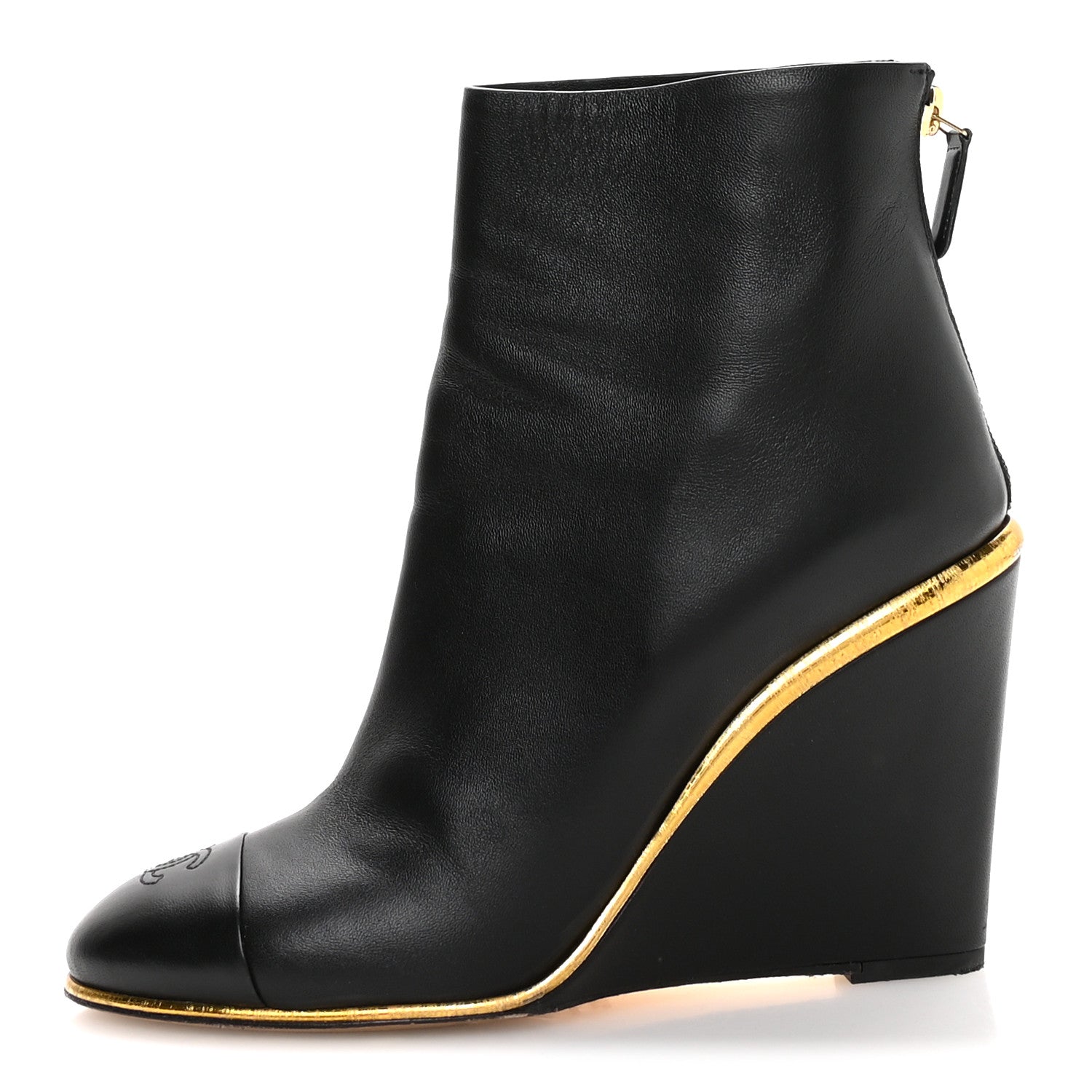 Chanel Lambskin Cap Toe Wedge Ankle Boots 38.5 Black