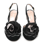 Chanel Satin Camelia Block Heels Sandals 37.5 Black