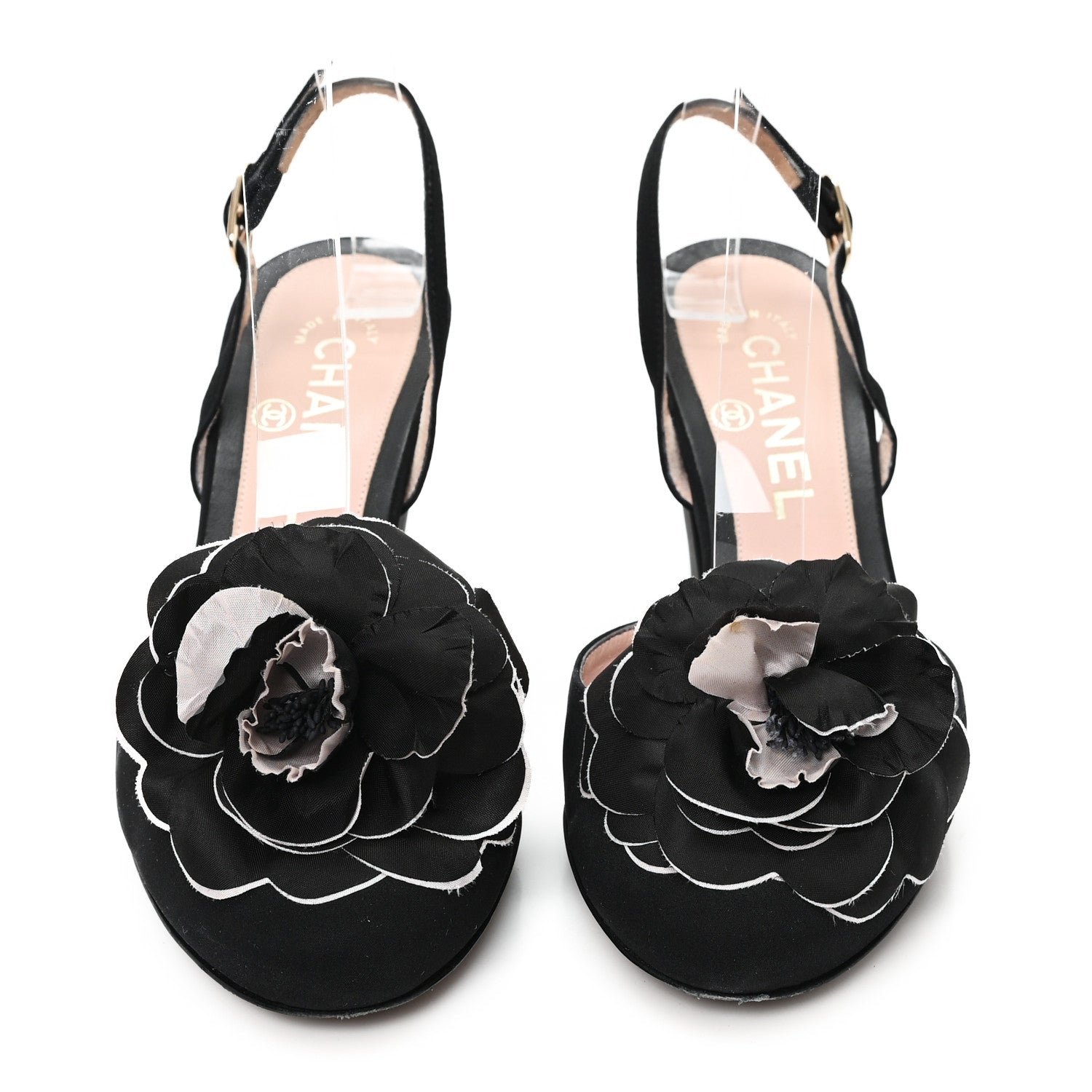 Chanel Satin Camelia Block Heels Sandals 37.5 Black