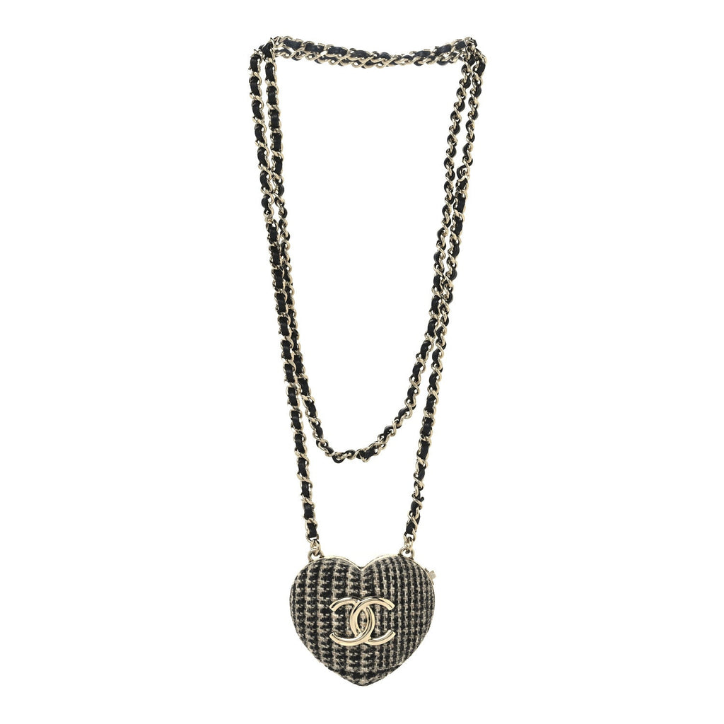 Chanel Tweed Lambskin CC Heart Locket Necklace Gold Black Beige