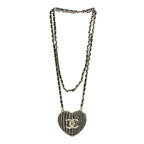 Chanel Tweed Lambskin CC Heart Locket Necklace Gold Black Beige