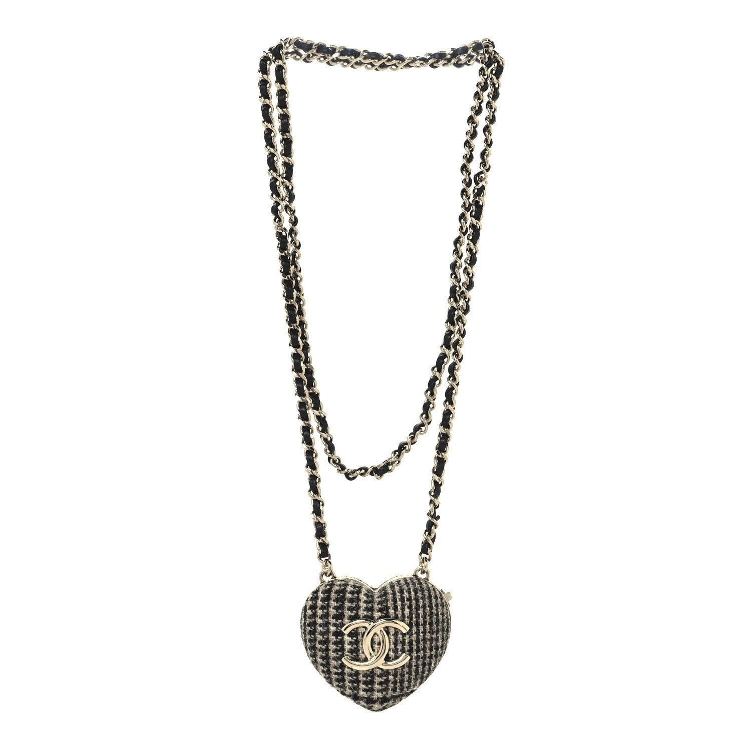 Chanel Tweed Lambskin CC Heart Locket Necklace Gold Black Beige