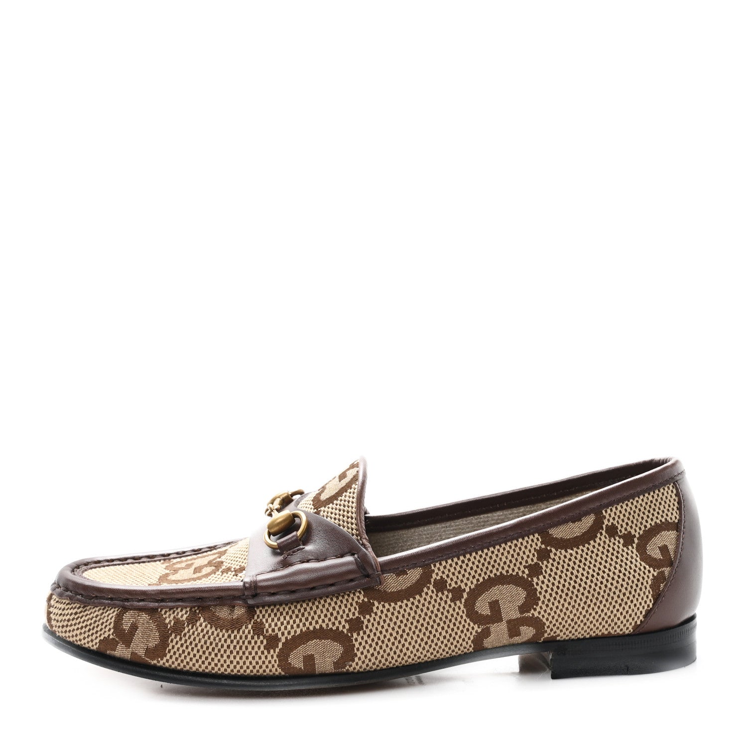 Gucci Monogram Jumbo GG Malaga Kid Horsebit Womens Jordaan Loafers 36.5 Beige Ebony New Acero