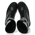 Chanel Shiny Calfskin Grosgrain Lace Up Combat Boots 36.5 Black