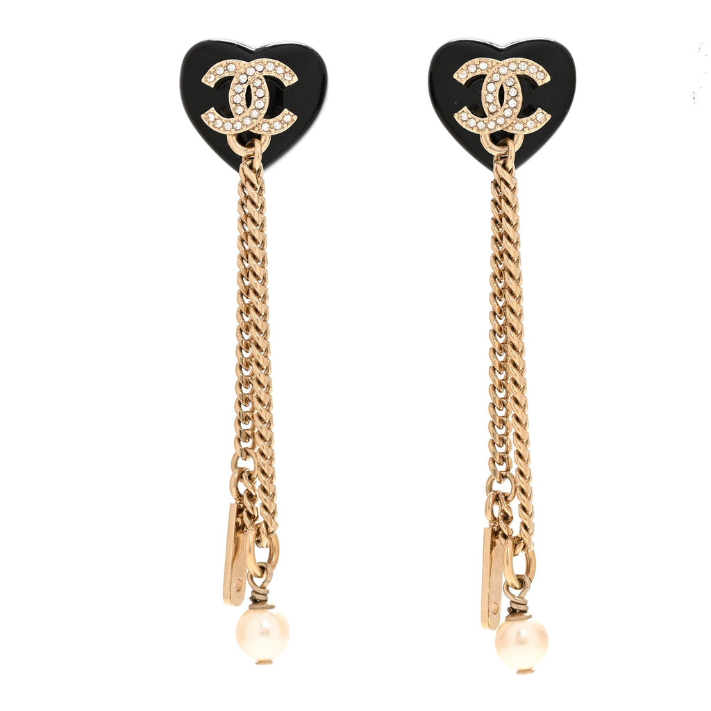 Chanel Resin Crystal Pearl CC Heart Chain Earrings Black Gold