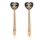 Chanel Resin Crystal Pearl CC Heart Chain Earrings Black Gold